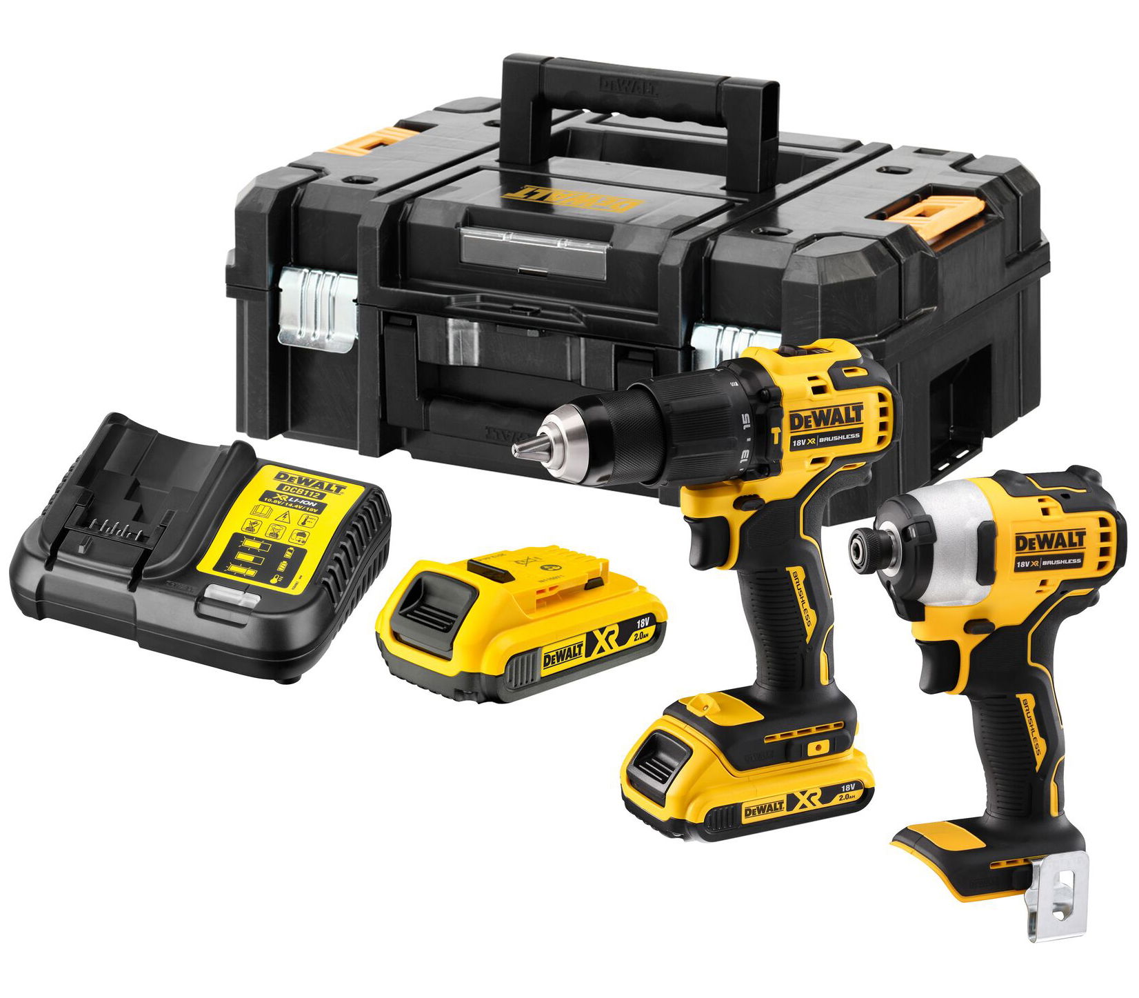 Dewalt DCK2062D2T akkus gépcsomag, 2 gépes (2 x 2.0 Ah Li-ion akkuval TSTAK kofferben) termék fő termékképe